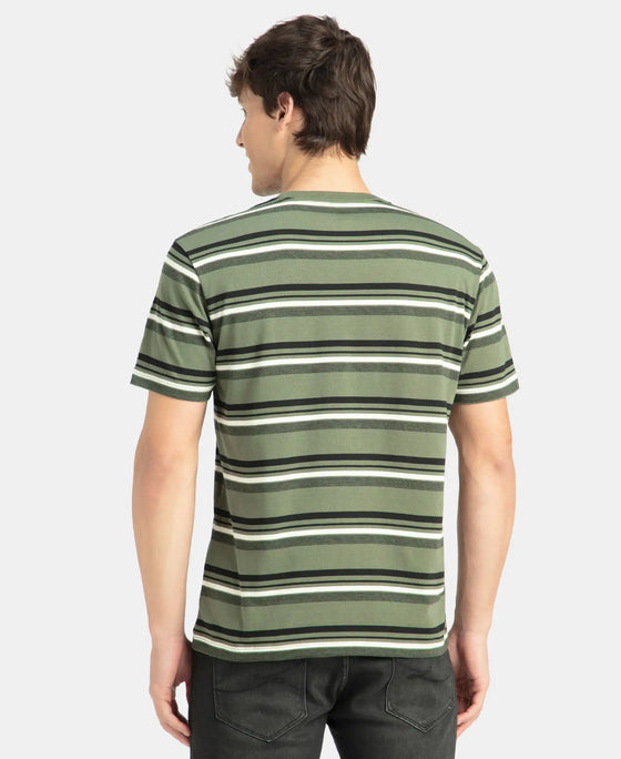 Super Combed Cotton Rich Striped Round Neck Half Sleeve T-Shirt - Thyme, Ecru & Black