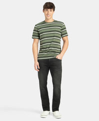 Super Combed Cotton Rich Striped Round Neck Half Sleeve T-Shirt - Thyme, Ecru & Black