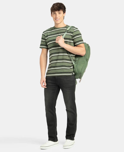 Super Combed Cotton Rich Striped Round Neck Half Sleeve T-Shirt - Thyme, Ecru & Black