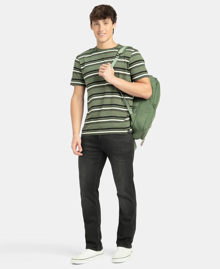 Super Combed Cotton Rich Striped Round Neck Half Sleeve T-Shirt - Thyme, Ecru & Black
