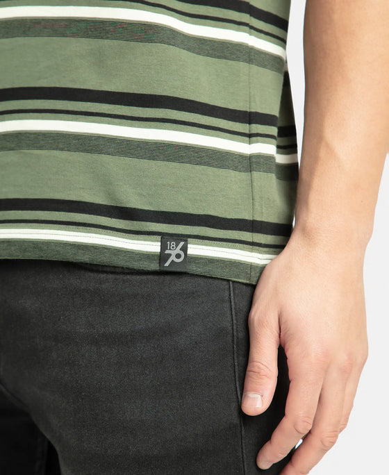 Super Combed Cotton Rich Striped Round Neck Half Sleeve T-Shirt - Thyme, Ecru & Black
