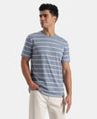 Super Combed Cotton Rich Striped Round Neck Half Sleeve T-Shirt - Troposphere & White