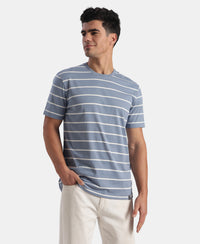 Super Combed Cotton Rich Striped Round Neck Half Sleeve T-Shirt - Troposphere & White