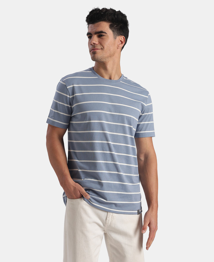 Super Combed Cotton Rich Striped Round Neck Half Sleeve T-Shirt - Troposphere & White