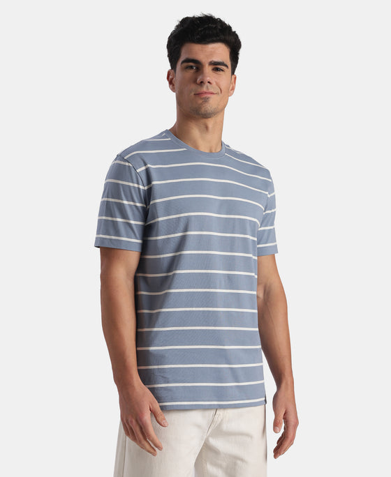 Super Combed Cotton Rich Striped Round Neck Half Sleeve T-Shirt - Troposphere & White