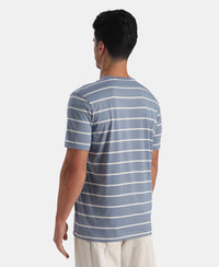 Super Combed Cotton Rich Striped Round Neck Half Sleeve T-Shirt - Troposphere & White