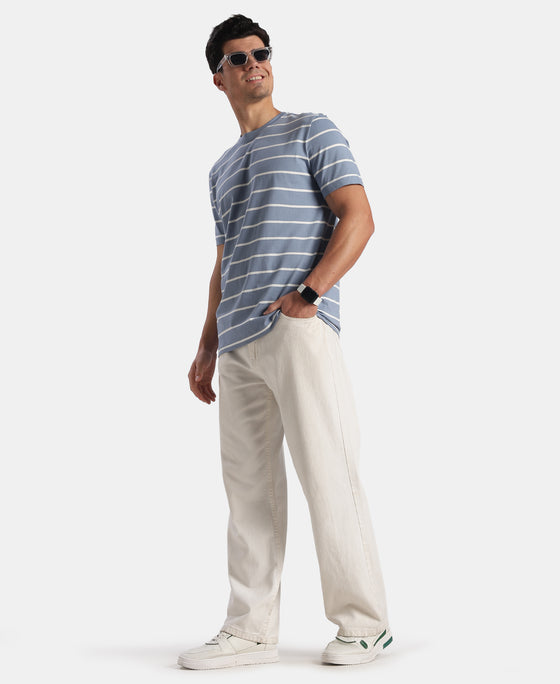 Super Combed Cotton Rich Striped Round Neck Half Sleeve T-Shirt - Troposphere & White
