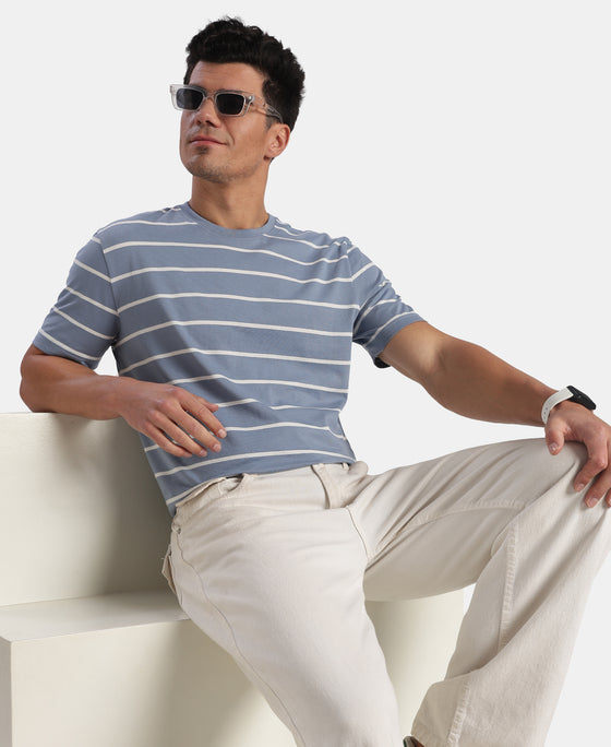Super Combed Cotton Rich Striped Round Neck Half Sleeve T-Shirt - Troposphere & White