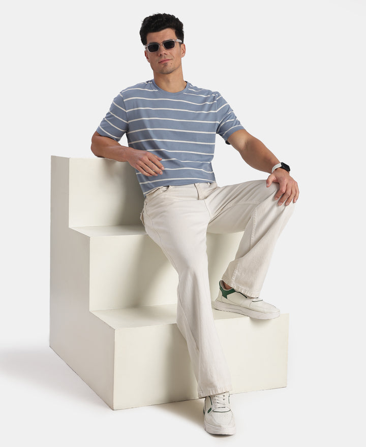 Super Combed Cotton Rich Striped Round Neck Half Sleeve T-Shirt - Troposphere & White