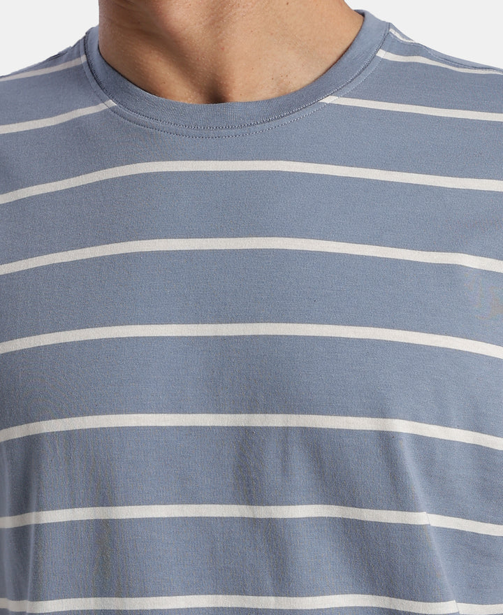 Super Combed Cotton Rich Striped Round Neck Half Sleeve T-Shirt - Troposphere & White