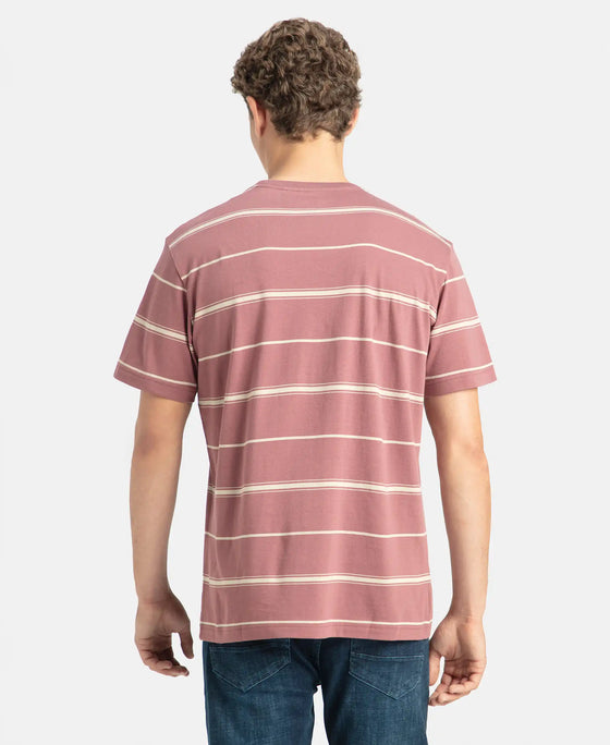 Super Combed Cotton Rich Striped Round Neck Half Sleeve T-Shirt - Wild Ginger & Ecru