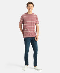 Super Combed Cotton Rich Striped Round Neck Half Sleeve T-Shirt - Wild Ginger & Ecru