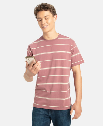 Super Combed Cotton Rich Striped Round Neck Half Sleeve T-Shirt - Wild Ginger & Ecru