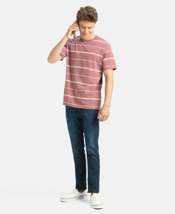 Super Combed Cotton Rich Striped Round Neck Half Sleeve T-Shirt - Wild Ginger & Ecru