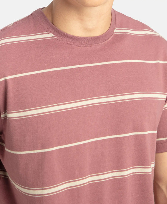 Super Combed Cotton Rich Striped Round Neck Half Sleeve T-Shirt - Wild Ginger & Ecru