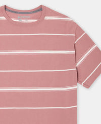 Super Combed Cotton Rich Striped Round Neck Half Sleeve T-Shirt - Wild Ginger & Ecru