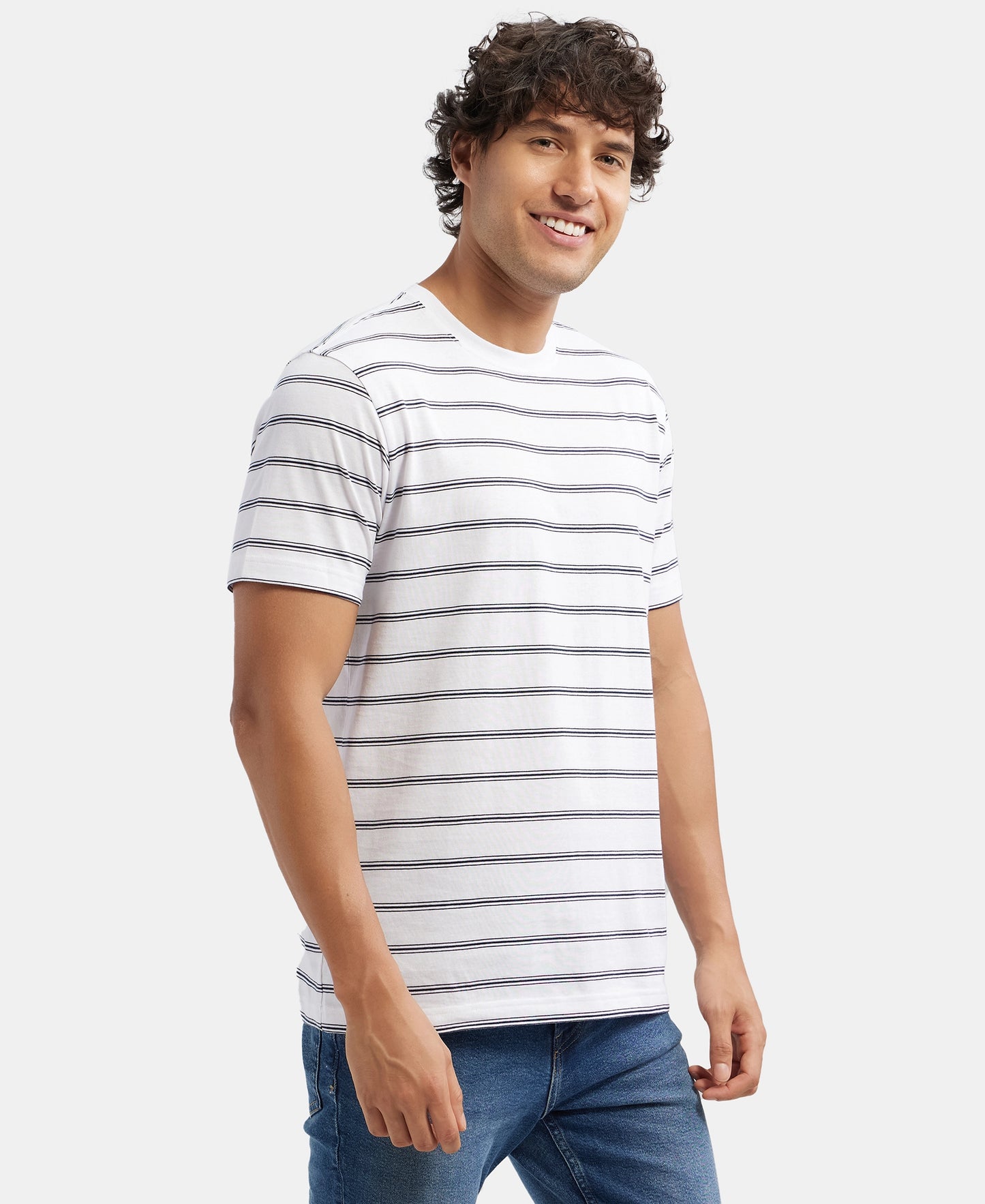 Super Combed Cotton Rich Striped Round Neck Half Sleeve T-Shirt - White & Navy