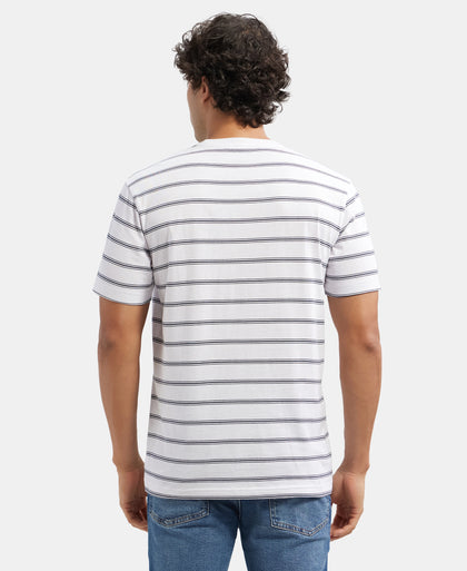 Super Combed Cotton Rich Striped Round Neck Half Sleeve T-Shirt - White & Navy