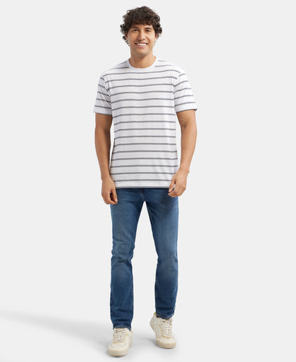 Super Combed Cotton Rich Striped Round Neck Half Sleeve T-Shirt - White & Navy