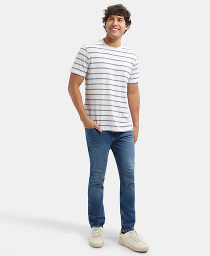 Super Combed Cotton Rich Striped Round Neck Half Sleeve T-Shirt - White & Navy