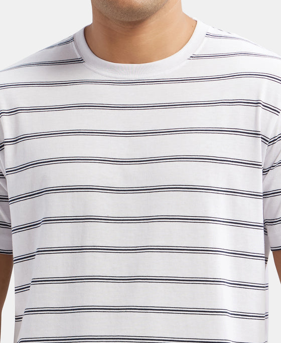 Super Combed Cotton Rich Striped Round Neck Half Sleeve T-Shirt - White & Navy