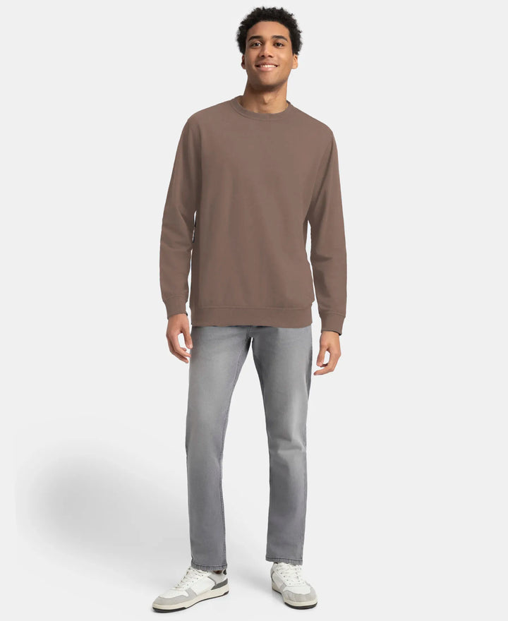 Super Combed Cotton French Terry Solid Sweatshirt with Ribbed Cuffs - Dark Khaki