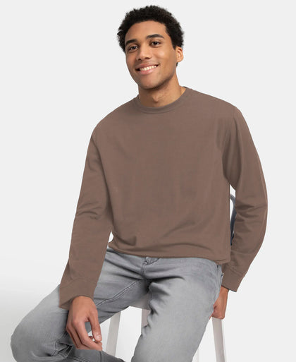 Super Combed Cotton French Terry Solid Sweatshirt with Ribbed Cuffs - Dark Khaki