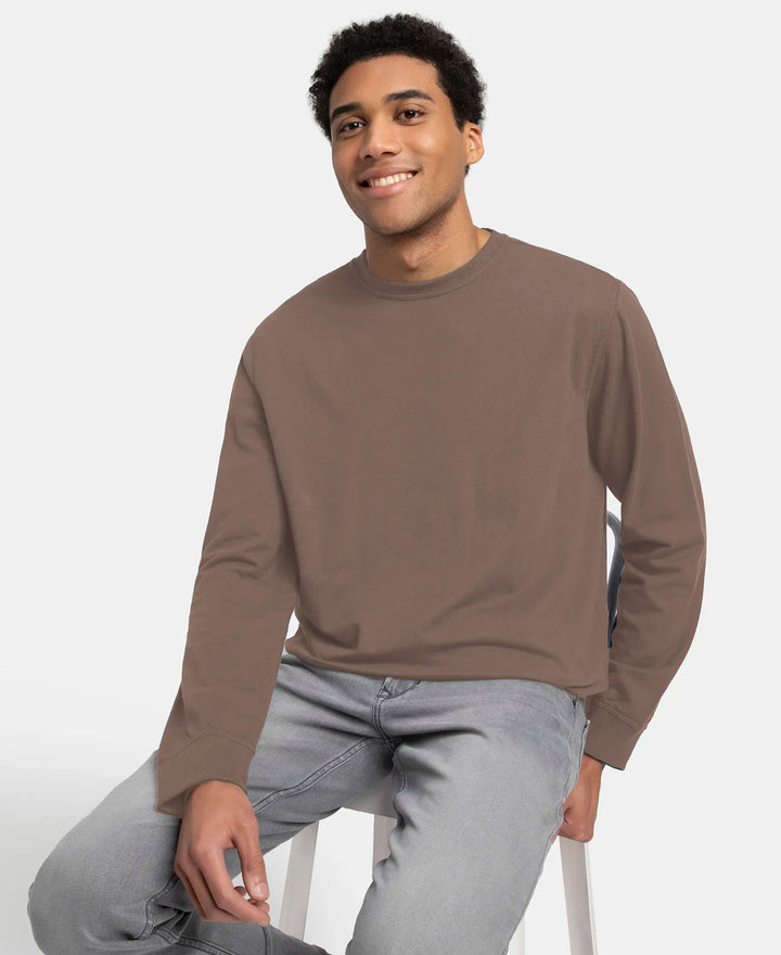 Super Combed Cotton French Terry Solid Sweatshirt with Ribbed Cuffs - Dark Khaki