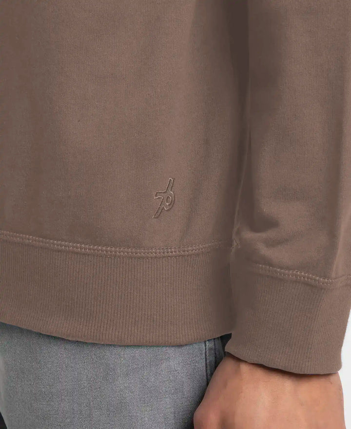 Super Combed Cotton French Terry Solid Sweatshirt with Ribbed Cuffs - Dark Khaki