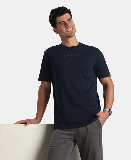Super Combed Cotton Rich Graphic Printed Round Neck Half Sleeve T-Shirt - Navy