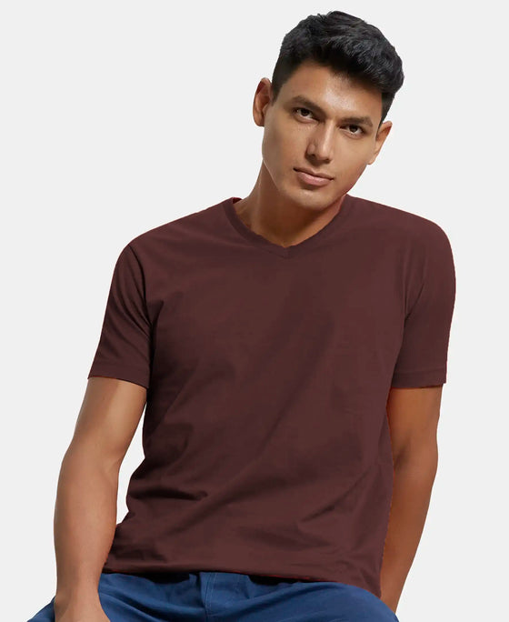 Super Combed Cotton Rich Solid V Neck Half Sleeve T-Shirt - Java