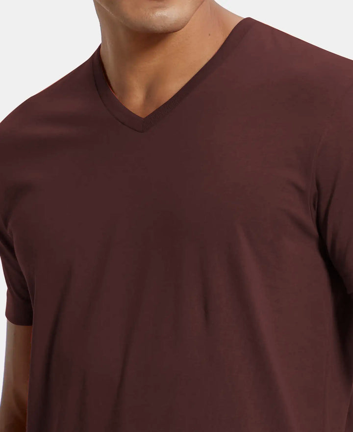 Super Combed Cotton Rich Solid V Neck Half Sleeve T-Shirt - Java