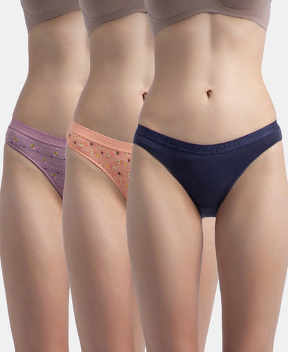 Medium Coverage Super Combed Cotton Elastane Stretch Mid Waist Bikini With Exposed Waistband and StayFresh Treatment - Valerian, Candlelight Peach & Classic Navy (Pack of 3)