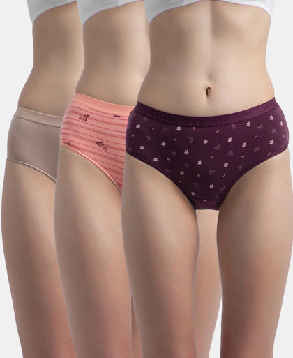 High Coverage Super Combed Cotton Elastane Stretch Mid Waist Hipster With Exposed Waistband - Candlelight Peach, Potent Purple & Mocha (Pack of 3)