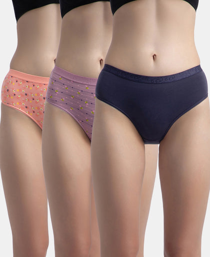 High Coverage Super Combed Cotton Elastane Stretch Mid Waist Hipster With Exposed Waistband - Valerian, Candlelight Peach & Classic Navy (Pack of 3)