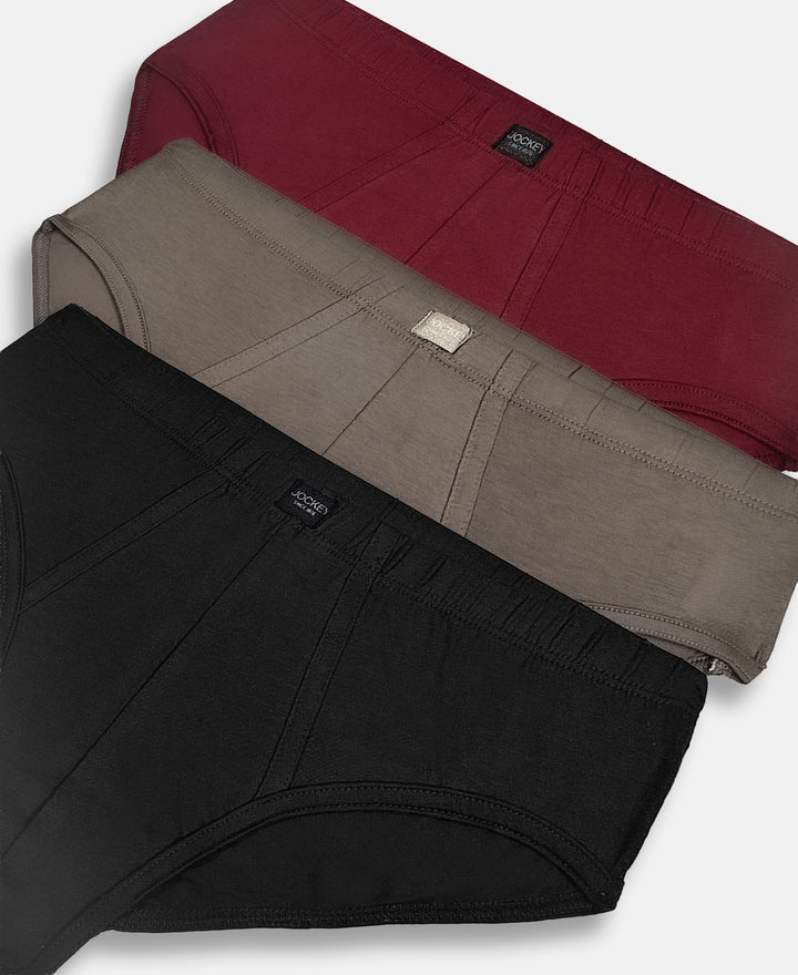 Super Combed Cotton Solid Brief with Ultrasoft Waistband - Black, Dark Khaki & Portwine (Pack of 3)