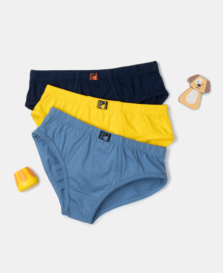 Super Combed Cotton Solid Brief with Ultrasoft Waistband - Coronet Blue, Dandelion Yellow & Navy (Pack of 3)