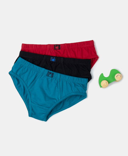 Super Combed Cotton Solid Brief with Ultrasoft Waistband - Chilli Pepper, Black & Ocean Depth (Pack of 3)