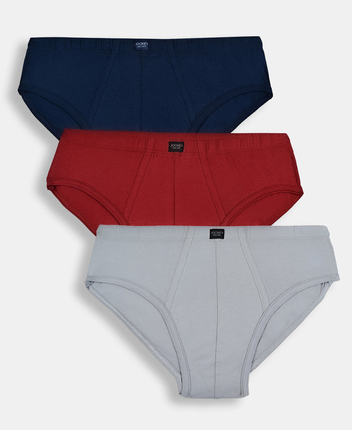 Super Combed Cotton Solid Brief with Ultrasoft Waistband - Navy, Sleet & Sundried Tomato (Pack of 3)
