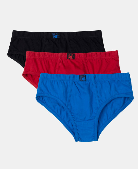 Super Combed Cotton Solid Brief with Ultrasoft Waistband - Rich Royal Blue, Black & Chilli Pepper (Pack of 3)