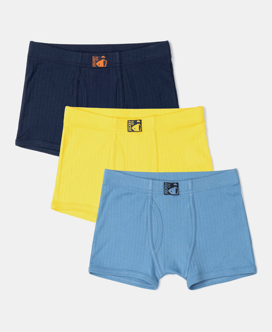Super Combed Cotton Rib Fabric Solid Trunk with Front Open Fly and Ultrasoft Waistband - Coronet Blue, Dandelion Yellow & Navy (Pack of 3)