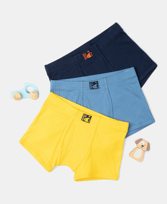 Super Combed Cotton Rib Fabric Solid Trunk with Front Open Fly and Ultrasoft Waistband - Coronet Blue, Dandelion Yellow & Navy (Pack of 3)