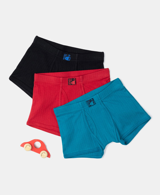 Super Combed Cotton Rib Fabric Solid Trunk with Front Open Fly and Ultrasoft Waistband - Chilli Pepper, Black & Ocean Depth (Pack of 3)