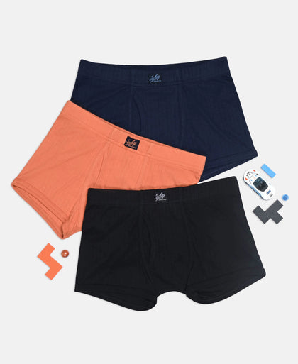 Super Combed Cotton Rib Fabric Solid Trunk with Front Open Fly and Ultrasoft Waistband - Navy, Black & Raw Sienna (Pack of 3)