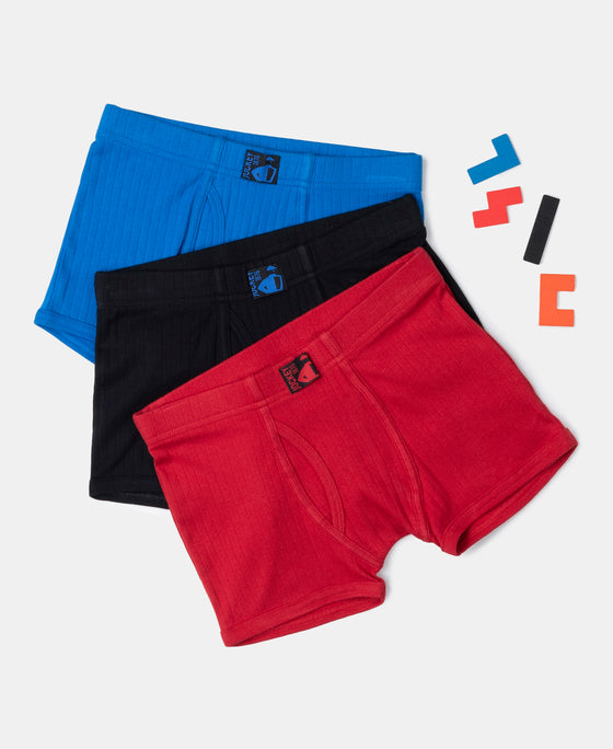 Super Combed Cotton Rib Fabric Solid Trunk with Front Open Fly and Ultrasoft Waistband - Rich Royal Blue, Black & Chilli Pepper (Pack of 3)