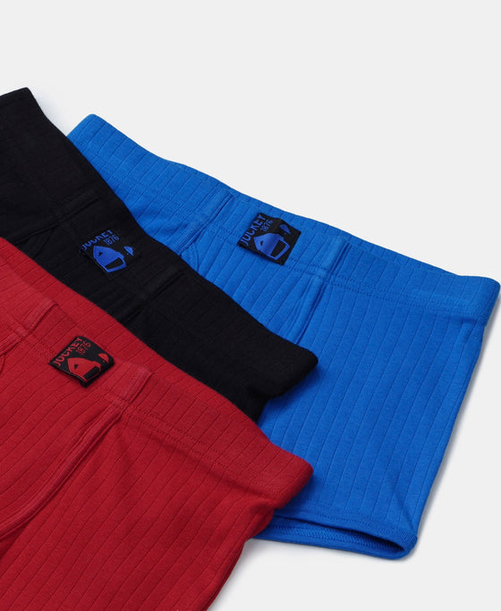 Super Combed Cotton Rib Fabric Solid Trunk with Front Open Fly and Ultrasoft Waistband - Rich Royal Blue, Black & Chilli Pepper (Pack of 3)