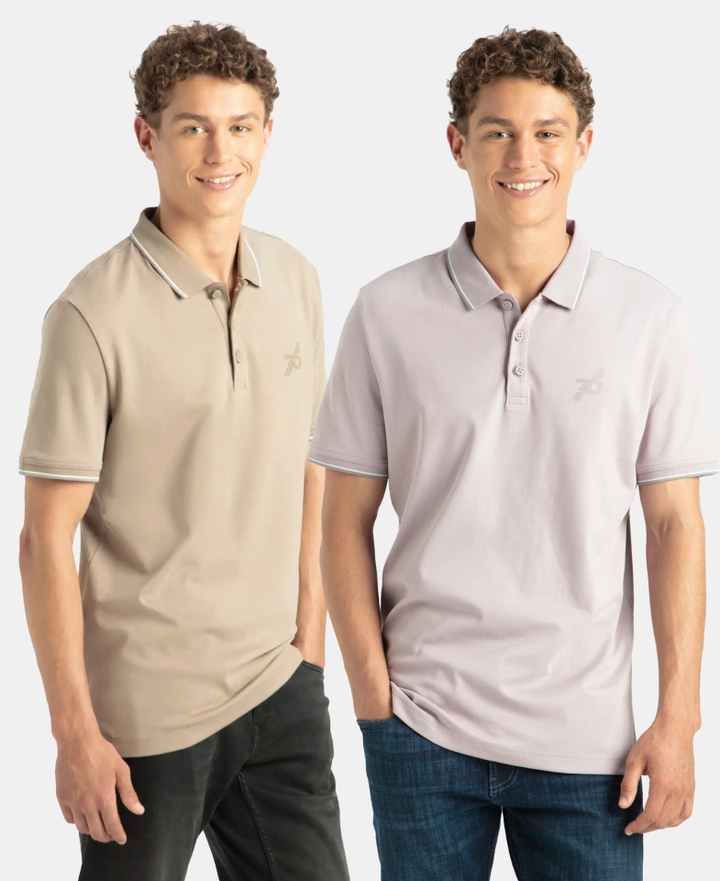 Pack of 2 Super Combed Cotton Rich Solid Half Sleeve Polo T-Shirt - Desert Taupe & Nirvana