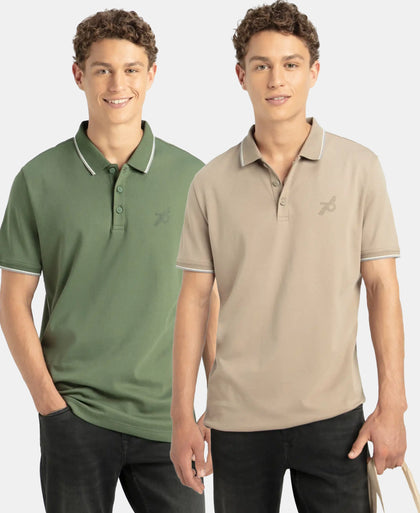 Pack of 2 Super Combed Cotton Rich Solid Half Sleeve Polo T-Shirt - Desert Taupe & Iceberg Green