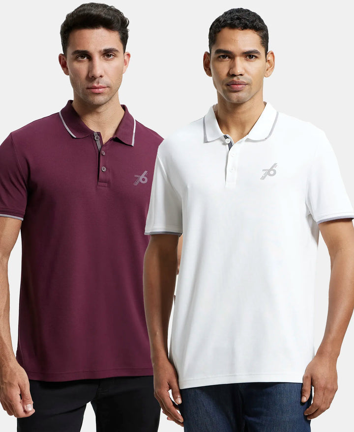 Pack of 2 Super Combed Cotton Rich Solid Half Sleeve Polo T-Shirt - Wine Tasting & White