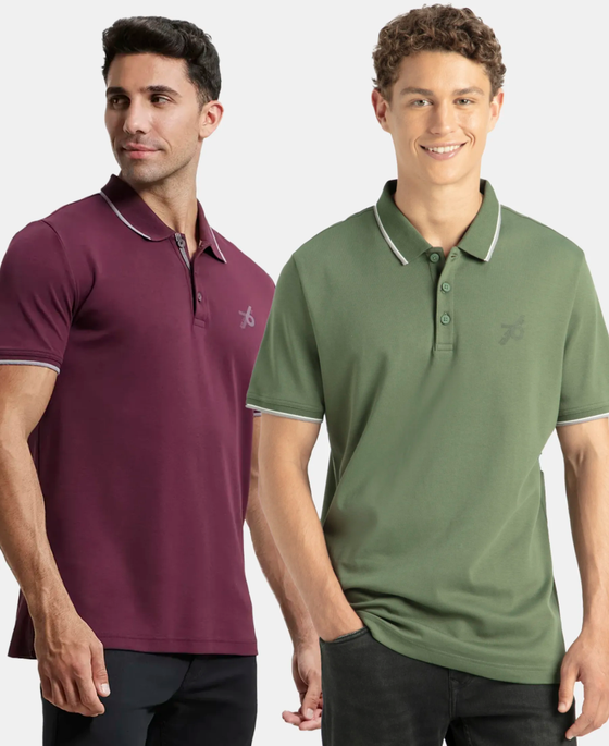 Pack of 2 Super Combed Cotton Rich Solid Half Sleeve Polo T-Shirt - Wine Tasting & Iceberg Green